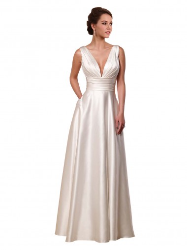 Shop Deep V-Neck A-Line Satin Wedding Dress with Pockets Geelong
