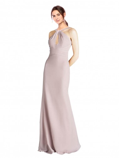 Shop Long Slim Chiffon Bridesmaid Dress with Ruffled Waist and Keyhole Geelong