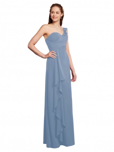 Shop Single Shoulder Strap Long Chiffon Bridesmaid Dress with Cascading Ruffles Geelong