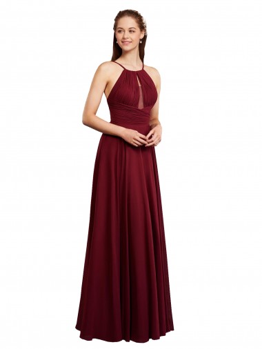 Shop Long A-Line Halter Neck Chiffon Bridesmaid Dress with Draped Bodice Geelong
