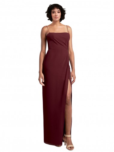 Shop Sleek Straight Neckline Chiffon Bridesmaid Dress with Spaghetti Straps and High Side Slit Geelong