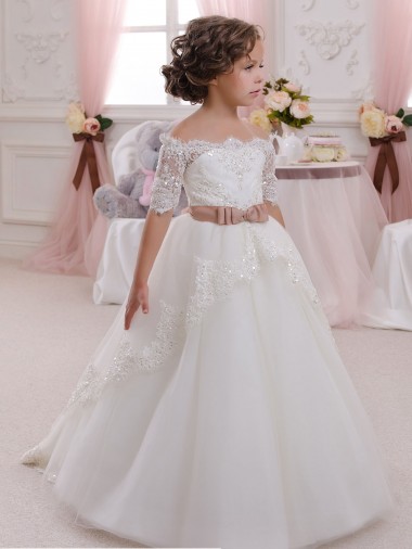 Shop Ivory Ball Gown High Neck Floor Length Short Sleeve Flower Girl Dress Geelong