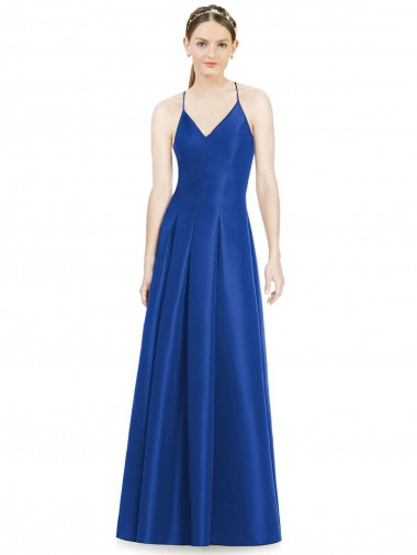 Shop Full Pleated V-Neck Long Satin Bridesmaid Dress with Criss Cross Open Back Geelong