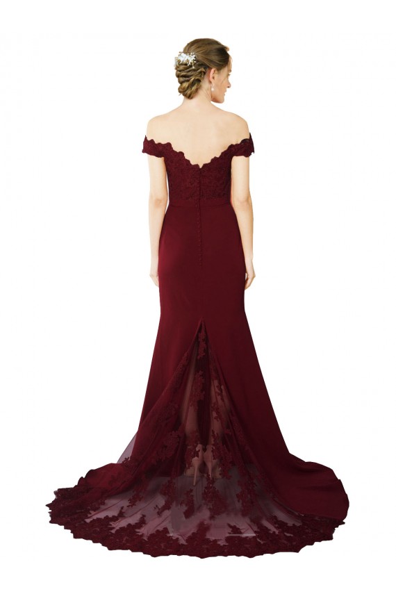 Shop Full Length Off the Shoulder Formal Crepe Bridesmaid Dress / Prom Dress with Lace On Bodice and Back Geelong