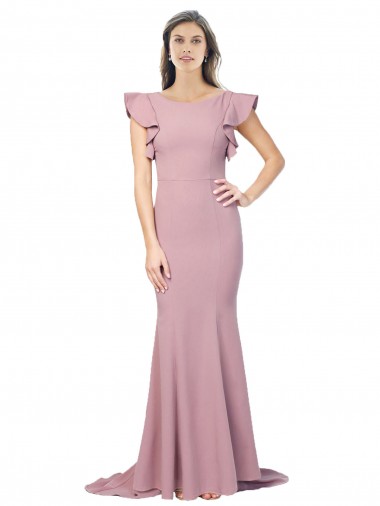 Shop Flutter Sleeves Low V-Back High Round Neck Formal Crepe Bridesmaid Dress / Prom Dress Geelong