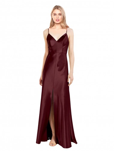Shop Sleek Spaghetti Straps V-Neck Formal Stretch Satin Bridesmaid Dress / Prom Dress with Center Front Slit Geelong