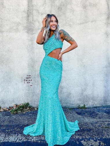 Shop Mermaid One Shoulder Sleeveless Long Sweep Train Velvet Sequin Prom Dress Geelong